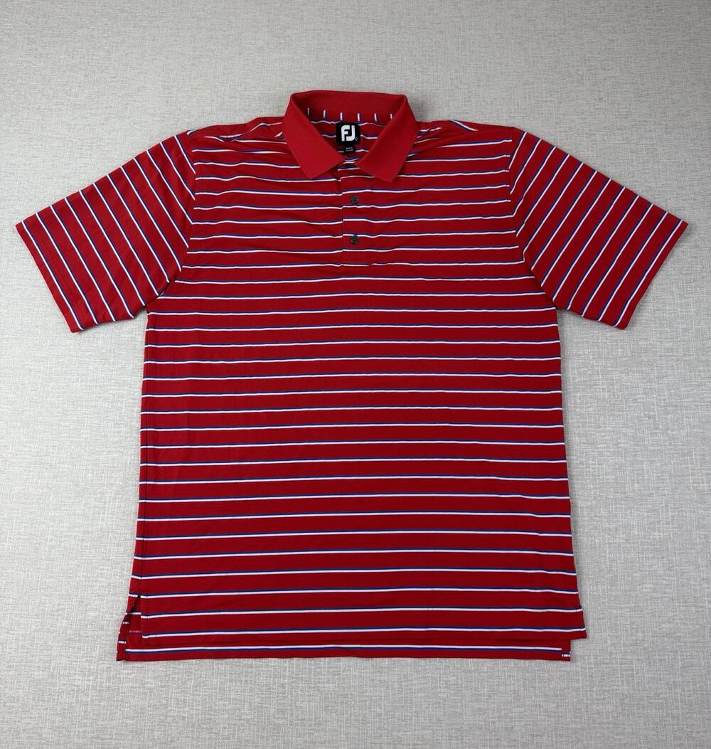 FootJoy FJ Mens L Golf Polo Shirt Red Blue White Striped Stretch Performance